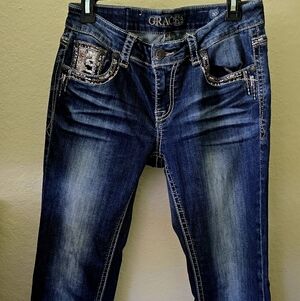 Grace Dark Blue Boot Cut Jeans with Faded Detailing